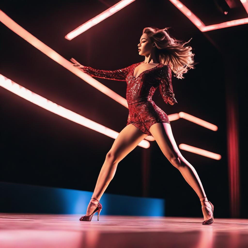 A person performing a dance routine on a stage, wearing high heels and a revealing outfit typically associated with striptease performances