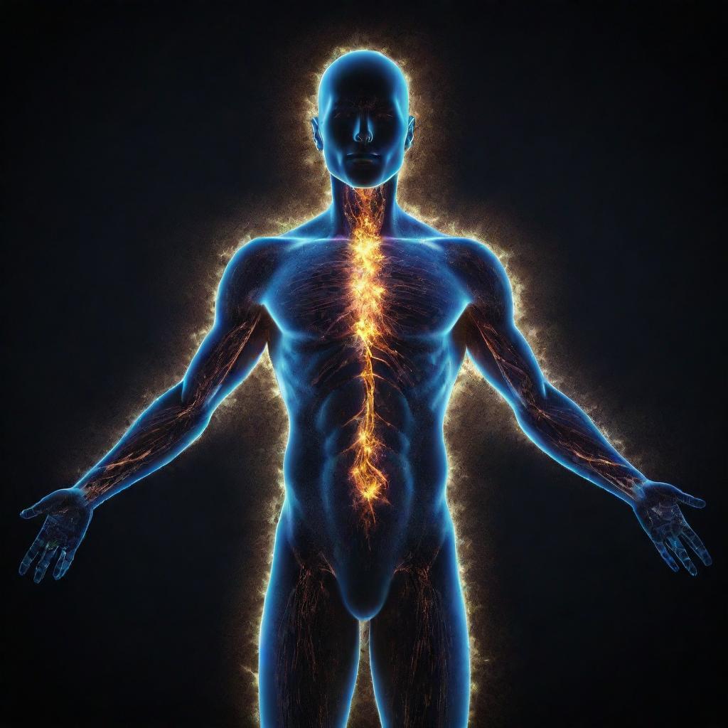 An illuminated human figure, with energy waves glowing around and through the body representing Dark Matter energy.