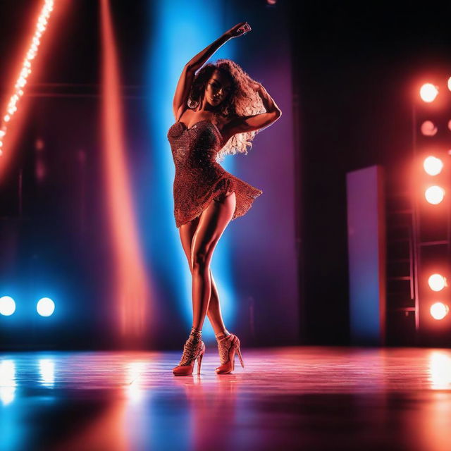 A person performing a dance routine on a stage, wearing high heels and a revealing outfit typically associated with striptease performances