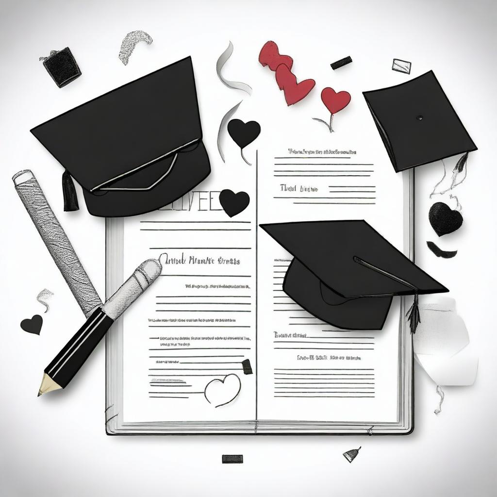 Create black and white cover designs featuring graduation-themed drawings and elements of affection