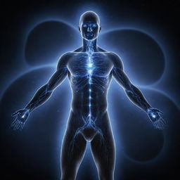 An illuminated human figure, with energy waves glowing around and through the body representing Dark Matter energy.