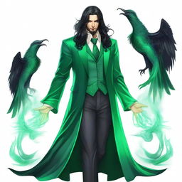 A noble Draconic Sorcerer with long wavy raven black hair and a slight beard