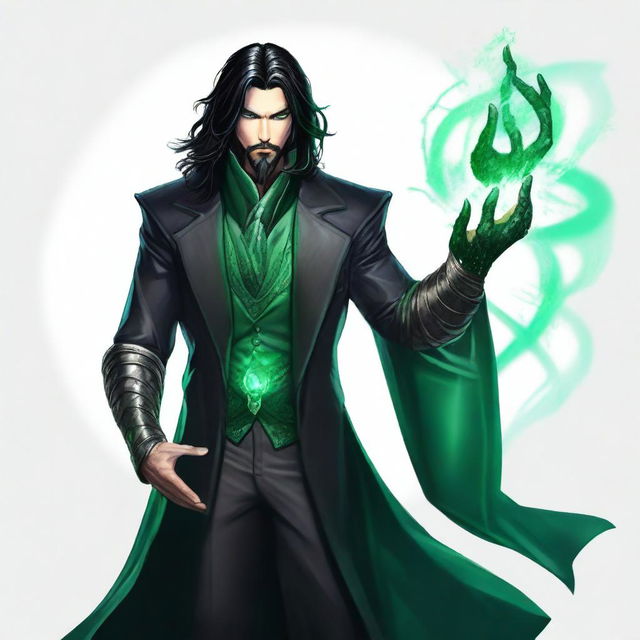 A noble Draconic Sorcerer with long wavy raven black hair and a slight beard