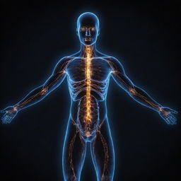 An illuminated human figure, with energy waves glowing around and through the body representing Dark Matter energy.