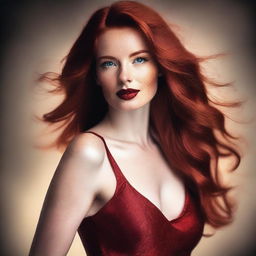 A beautiful redhead woman with striking features, wearing a stylish outfit