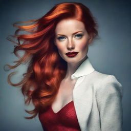 A beautiful redhead woman with striking features, wearing a stylish outfit