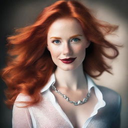 A beautiful redhead woman with striking features, wearing a stylish outfit