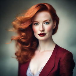 A beautiful redhead woman with striking features, wearing a stylish outfit