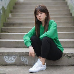 casual photograpy medium body, hip hop style clothes, sneakers, female , 23 year old with green eyes and black long hai with withe streaks in the bangs .,freckles, selfo, graffiti background stairs, medium distance shot, 4k hd,  --styerw--v 5.2 ar 2-3