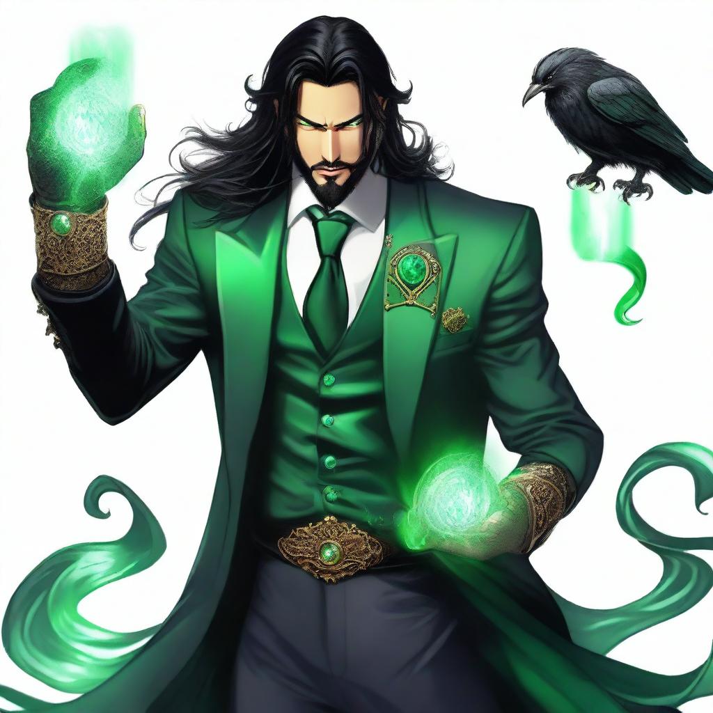 A noble Draconic Sorcerer with long wavy raven black hair and a slight beard