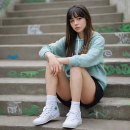 casual photograpy medium body, hip hop style clothes, sneakers, female , 23 year old with green eyes and black long hai with withe streaks in the bangs .,freckles, selfo, graffiti background stairs, medium distance shot, 4k hd,  --styerw--v 5.2 ar 2-3