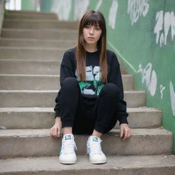 casual photograpy medium body, hip hop style clothes, sneakers, female , 23 year old with green eyes and black long hai with withe streaks in the bangs .,freckles, selfo, graffiti background stairs, medium distance shot, 4k hd,  --styerw--v 5.2 ar 2-3