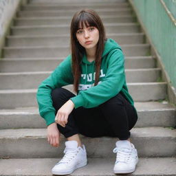 casual photograpy medium body, hip hop style clothes, sneakers, female , 23 year old with green eyes and black long hai with withe streaks in the bangs .,freckles, selfo, graffiti background stairs, medium distance shot, 4k hd,  --styerw--v 5.2 ar 2-3