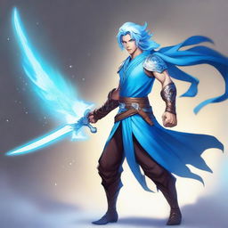 A male air genasi blade singer, depicted with an ethereal and mystical aura