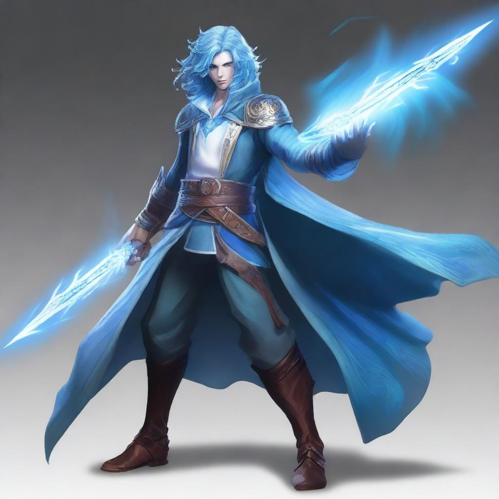 A male air genasi blade singer, depicted with an ethereal and mystical aura