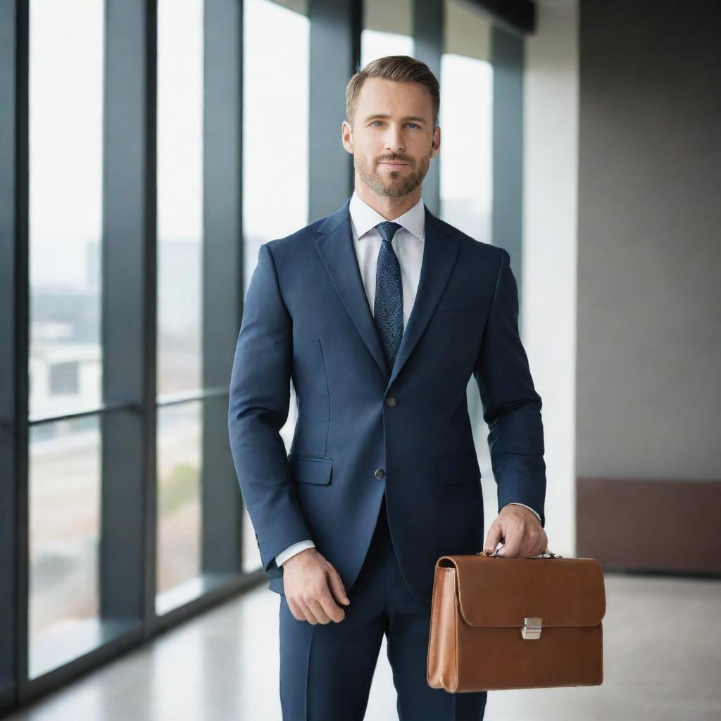 A professional individual in a sleek, tailored suit, holding a leather briefcase, standing in a modern corporate office space illuminated by soft, natural light.