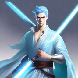 A male bladesinger with pale blue skin, his hair styled in a bun, and a slight stubble on his face