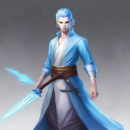 A male bladesinger with pale blue skin, his hair styled in a bun, and a slight stubble on his face