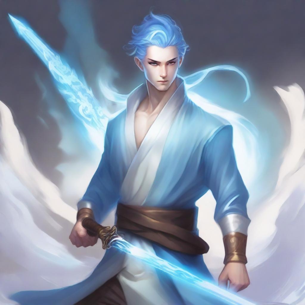 A male bladesinger with pale blue skin, his hair styled in a bun, and a slight stubble on his face