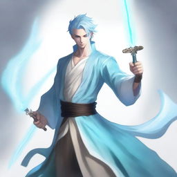 A male bladesinger with pale blue skin, his hair styled in a bun, and a slight stubble on his face