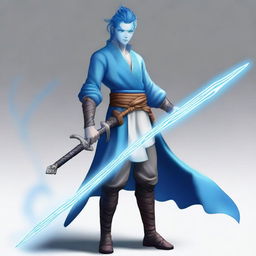 A male bladesinger with blue skin, his hair styled in a bun, and a slight stubble on his face