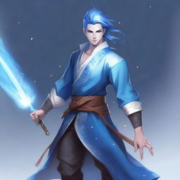 A male bladesinger with blue skin, his hair styled in a bun, and a slight stubble on his face