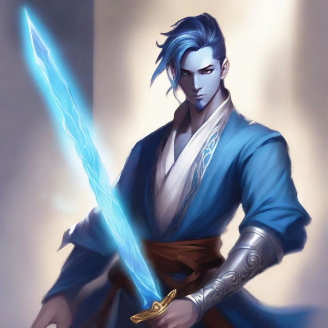 A male bladesinger with blue skin, his hair styled in a bun, and a slight stubble on his face