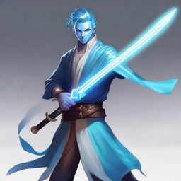 A male bladesinger with blue skin, his hair styled in a bun, and a slight stubble on his face