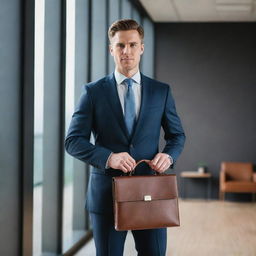 A professional individual in a sleek, tailored suit, holding a leather briefcase, standing in a modern corporate office space illuminated by soft, natural light.