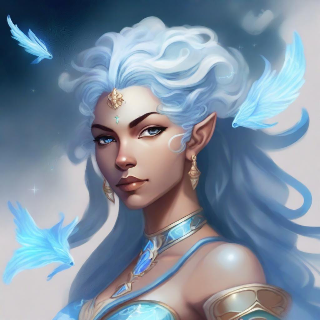 A detailed fantasy character portrait of an Air Genasi, an elemental being with features representing their air heritage