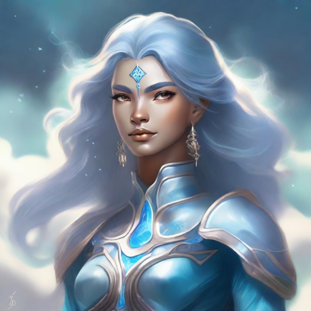 A detailed fantasy character portrait of an Air Genasi, an elemental being with features representing their air heritage