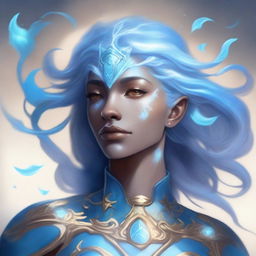 A detailed fantasy character portrait of an Air Genasi, an elemental being with features representing their air heritage