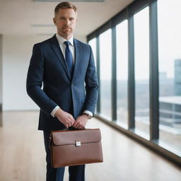 A professional individual in a sleek, tailored suit, holding a leather briefcase, standing in a modern corporate office space illuminated by soft, natural light.