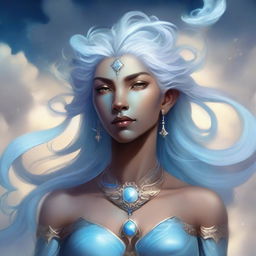 A detailed fantasy character portrait of an Air Genasi, an elemental being with features representing their air heritage
