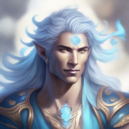 A detailed fantasy character portrait of a male Air Genasi, an elemental being with features representing their air heritage