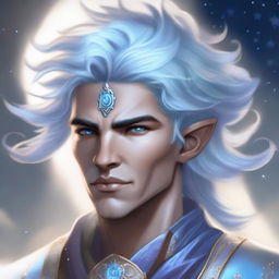 A detailed fantasy character portrait of a male Air Genasi, an elemental being with features representing their air heritage