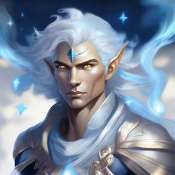 A detailed fantasy character portrait of a male Air Genasi, an elemental being with features representing their air heritage