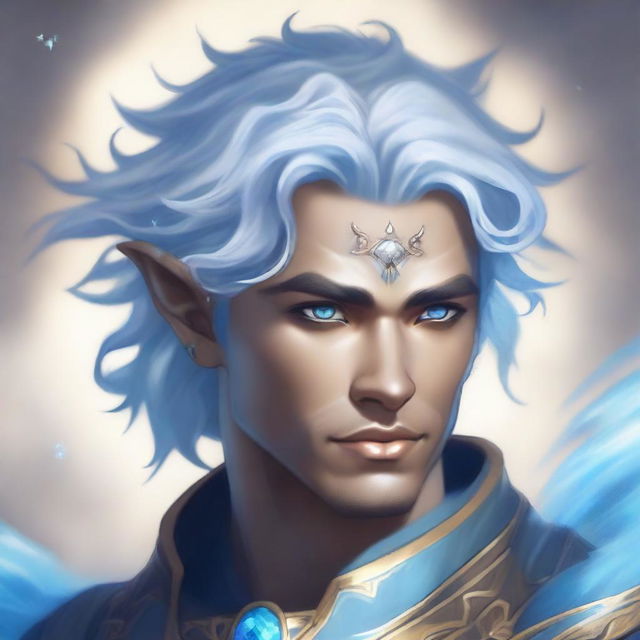 A detailed fantasy character portrait of a male Air Genasi, an elemental being with features representing their air heritage