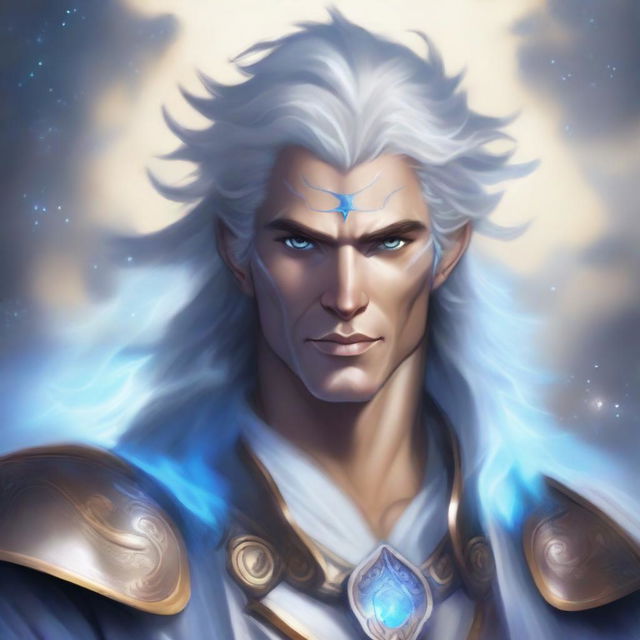 A detailed fantasy character portrait of a male Air Genasi, an elemental being with features representing their air heritage