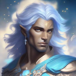 A detailed fantasy character portrait of a male Air Genasi, an elemental being with features representing their air heritage