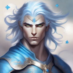 A detailed fantasy character portrait of a male Air Genasi, an elemental being with features representing their air heritage