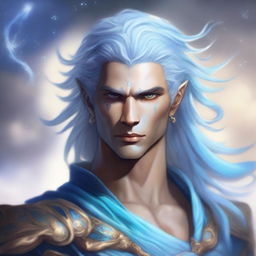 A detailed fantasy character portrait of a male Air Genasi, an elemental being with features representing their air heritage