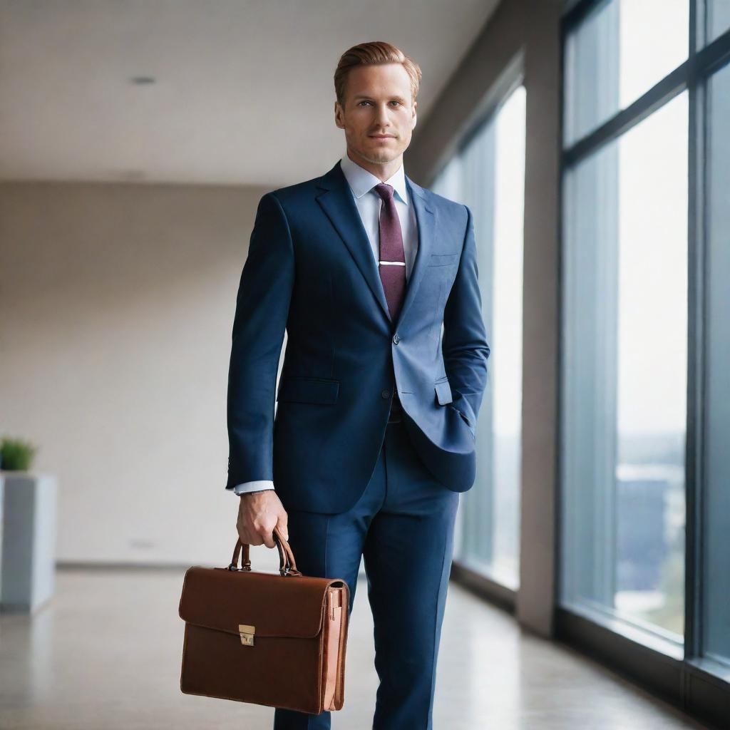 A professional individual in a sleek, tailored suit, holding a leather briefcase, standing in a modern corporate office space illuminated by soft, natural light.