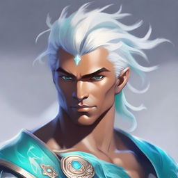 A detailed fantasy character portrait of a male Air Genasi, an elemental being with features representing their air heritage