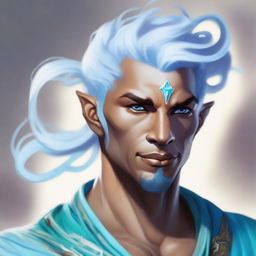 A detailed fantasy character portrait of a male Air Genasi, an elemental being with features representing their air heritage