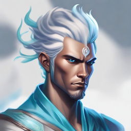 A detailed fantasy character portrait of a male Air Genasi, an elemental being with features representing their air heritage