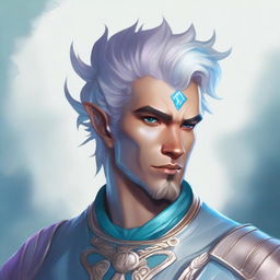 A detailed fantasy character portrait of a male Air Genasi, an elemental being with features representing their air heritage