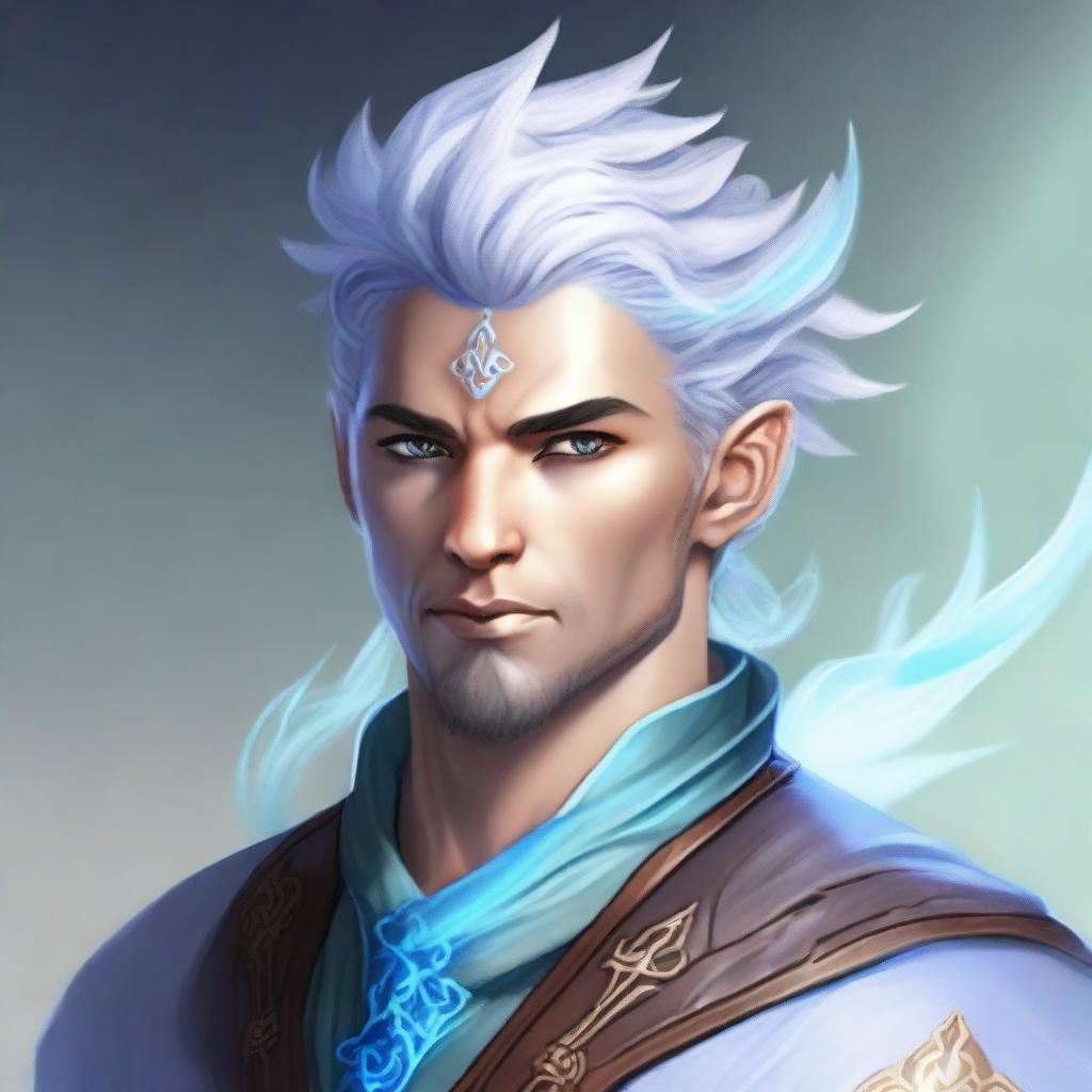 A detailed fantasy character portrait of a male Air Genasi, an elemental being with features representing their air heritage