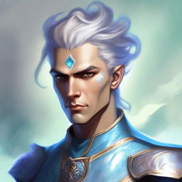 A detailed fantasy character portrait of a male Air Genasi, an elemental being with features representing their air heritage