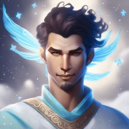 A detailed fantasy character portrait of a male Air Genasi, an elemental being with features representing their air heritage